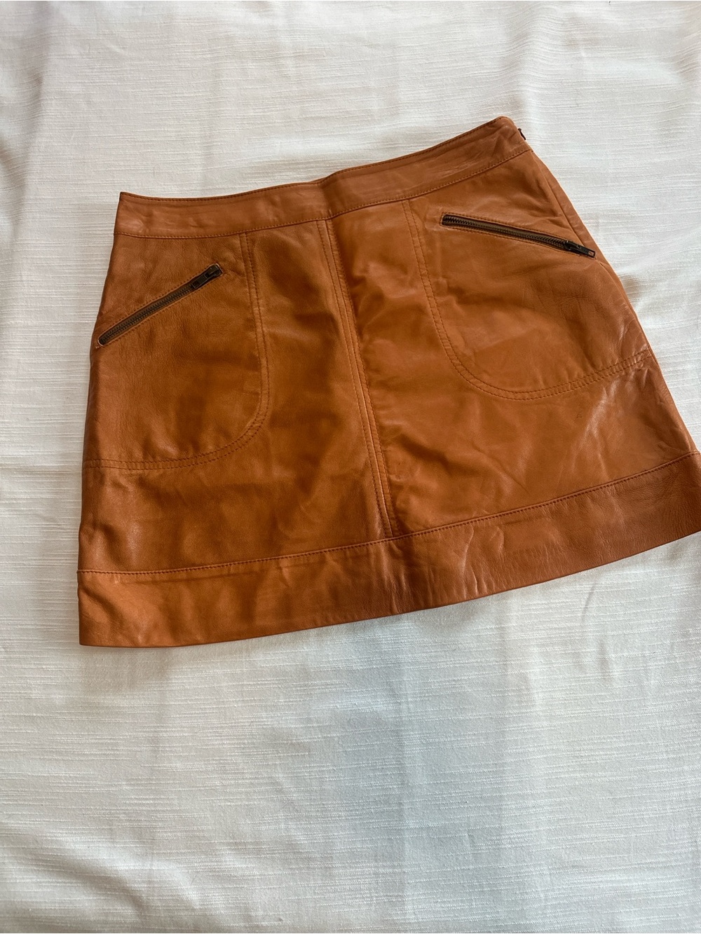 HALOGEN Cognac Genuine Leather Zip Pocket Mini Skirt | 6